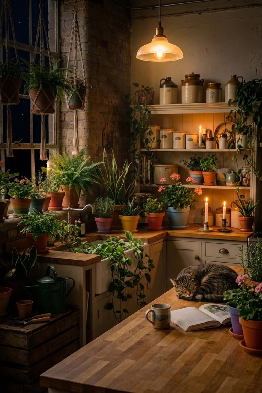 A Cup of Tea and Sunlight - kitchen, plants, green, brown, wood - Night Ambiance