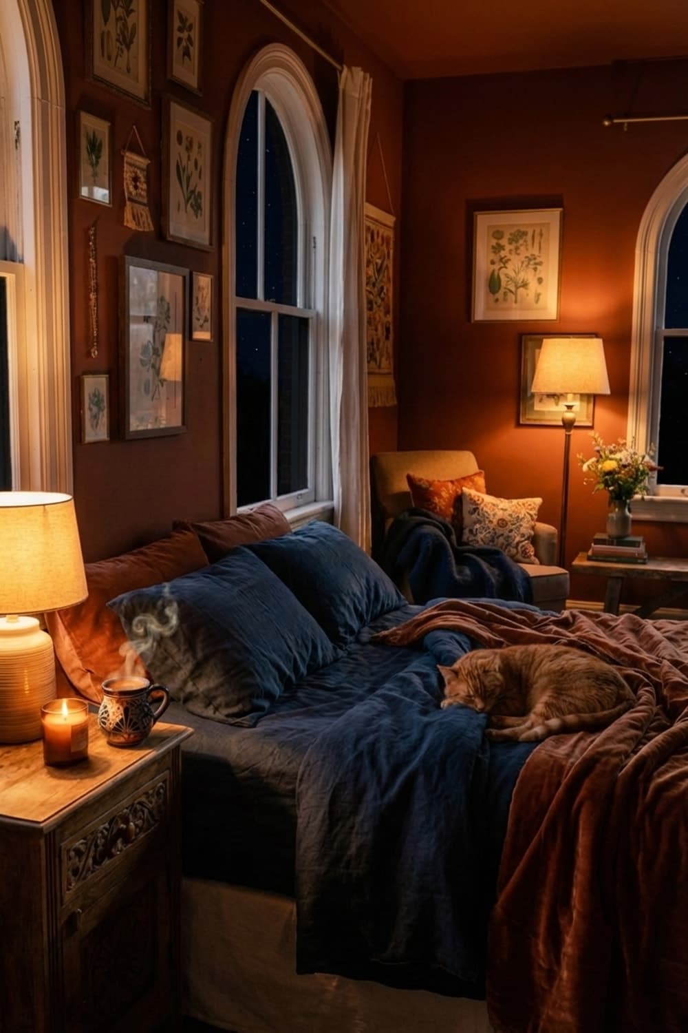 Ready to call in sick? - bedroom, rust, blue, linen bedding, wooden nightstand - Night Ambiance