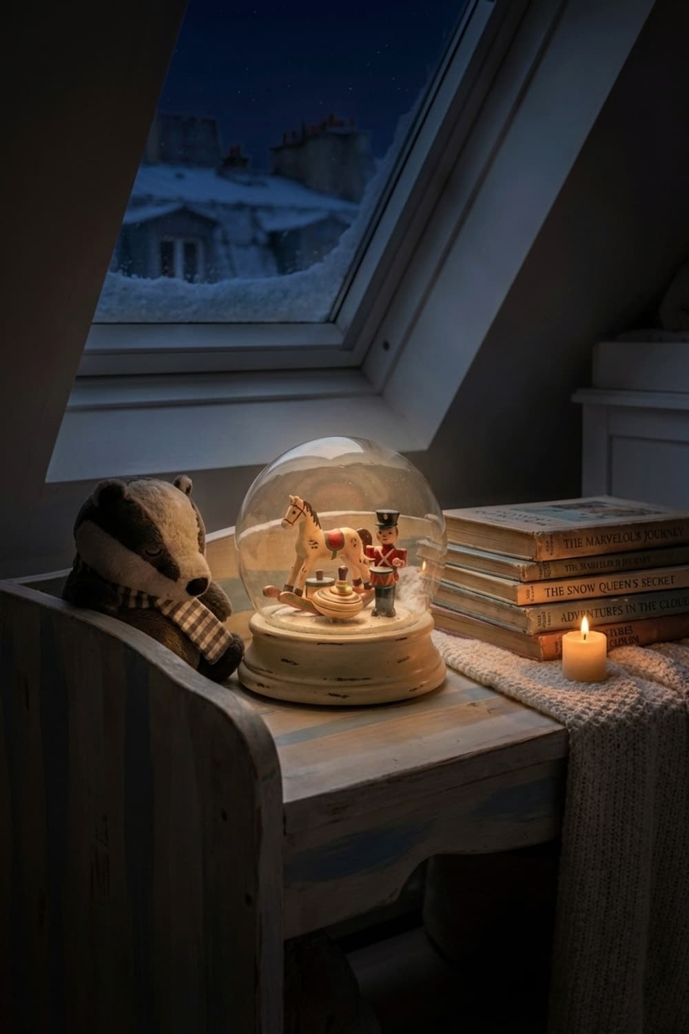 Snowfall Over Storybooks - attic room, daylight, snow, snow globe, rocking horse - Night Ambiance