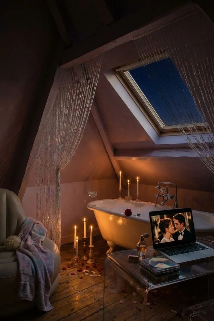 The Credits Rolled Hours Ago - attic bathroom, romantic, film night, lavender, bathtub - Night Ambiance