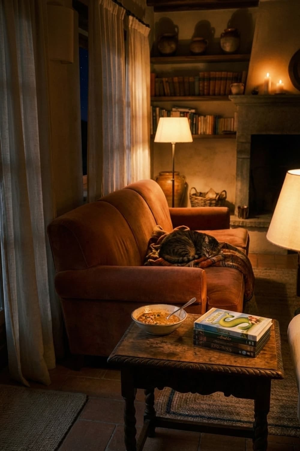 Firelight and Soup Spoons. - living room, rust, orange, brown, firelight - Night Ambiance