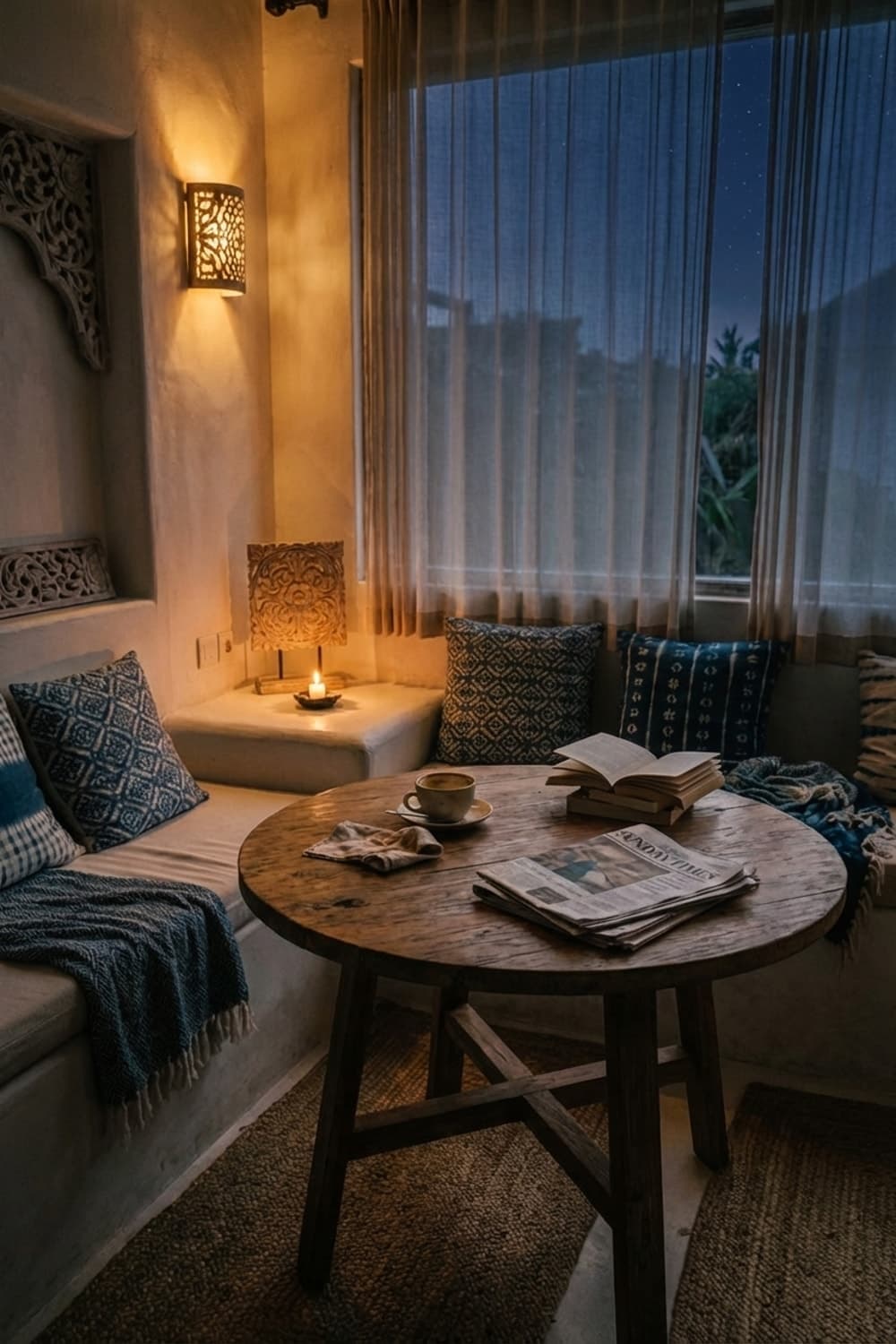 Slow News, Soft Light - reading nook, white, indigo, round wood table, jute rug - Night Ambiance