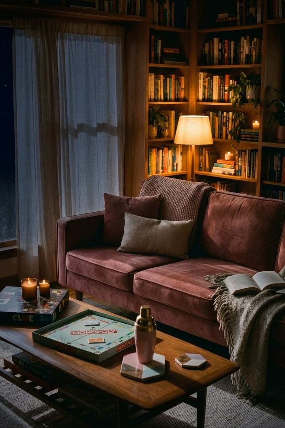 Golden Hour Alibis - living room, brown, rose, wooden coffee table, bookshelves - Night Ambiance