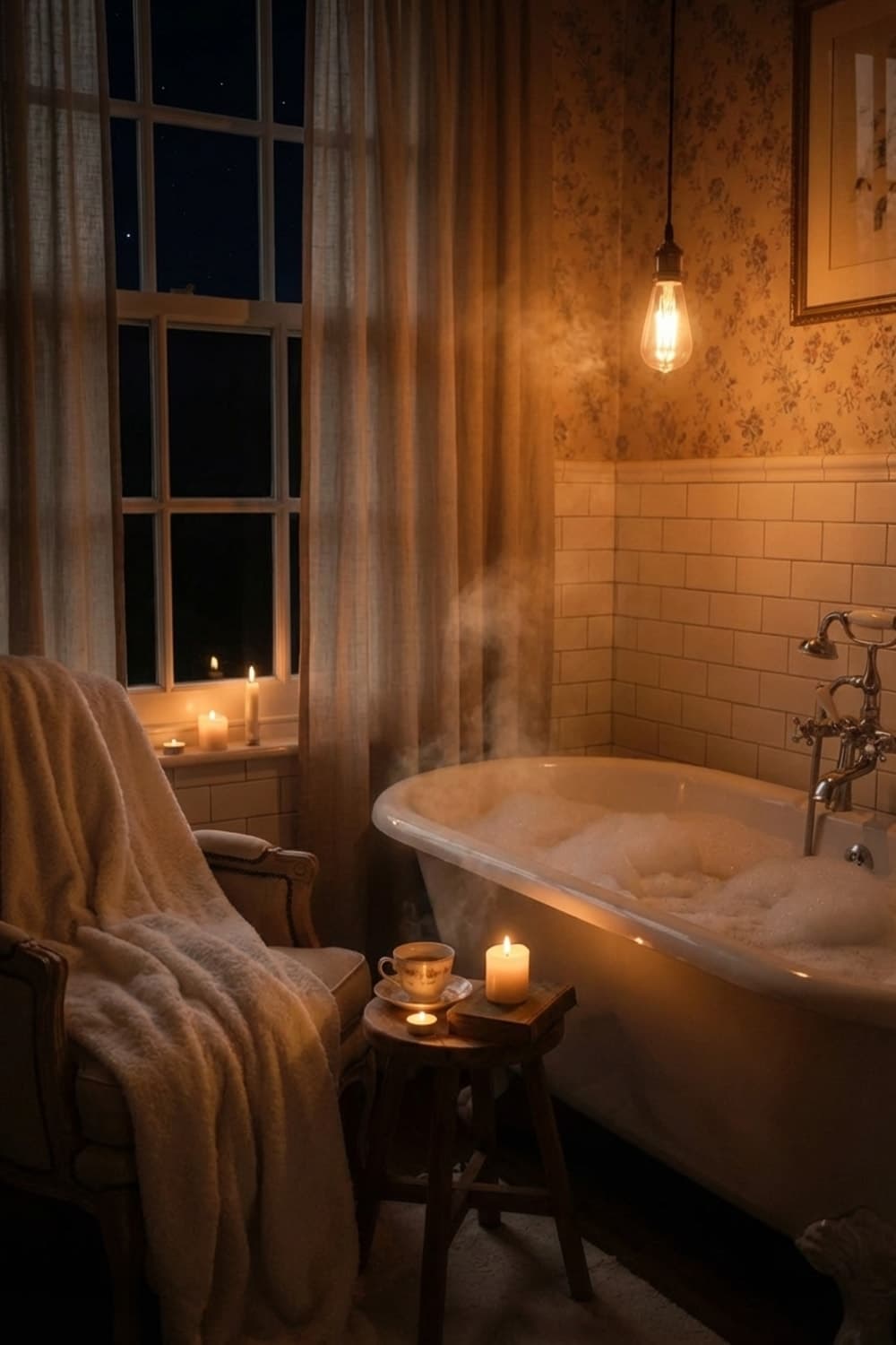 Ready To Let The World Wait? - bathroom, cream, white, beige, bathtub - Night Ambiance