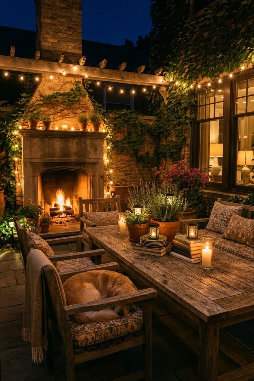 Didn't you need a quiet spot? - outdoor patio, brown, beige, wood furniture, fireplace - Night Ambiance
