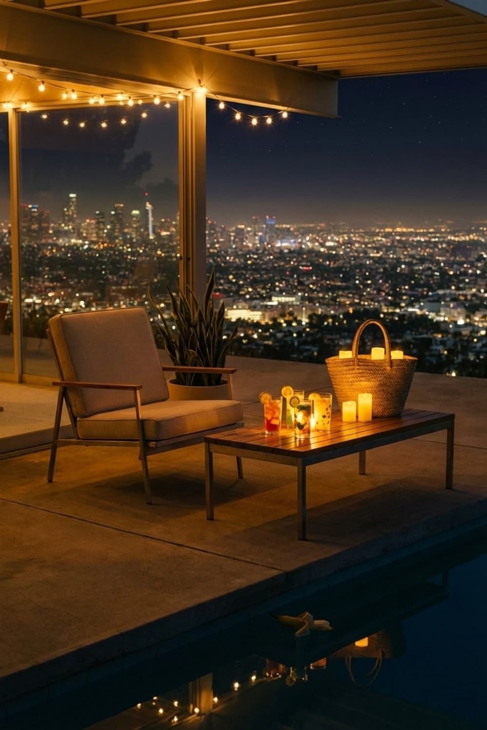 Skyline, Citrus, Stillness Ascending - poolside, outdoor patio, city view, cream, wood - Night Ambiance