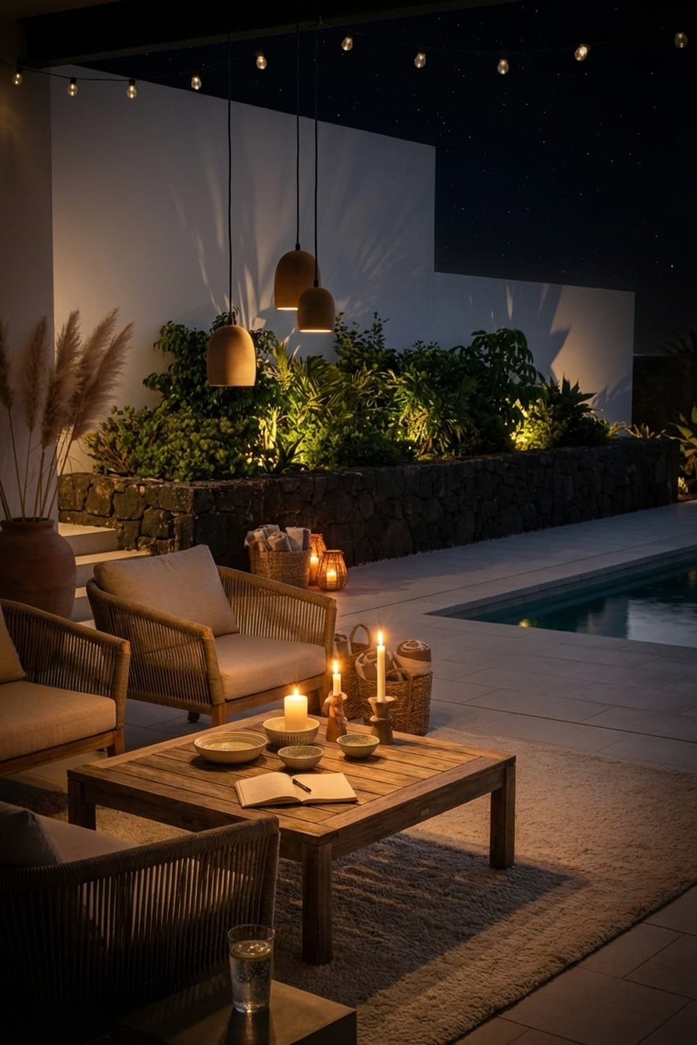 Sun-Drenched Stillness by the Pool - outdoor living, poolside, beige, tan, brown - Night Ambiance