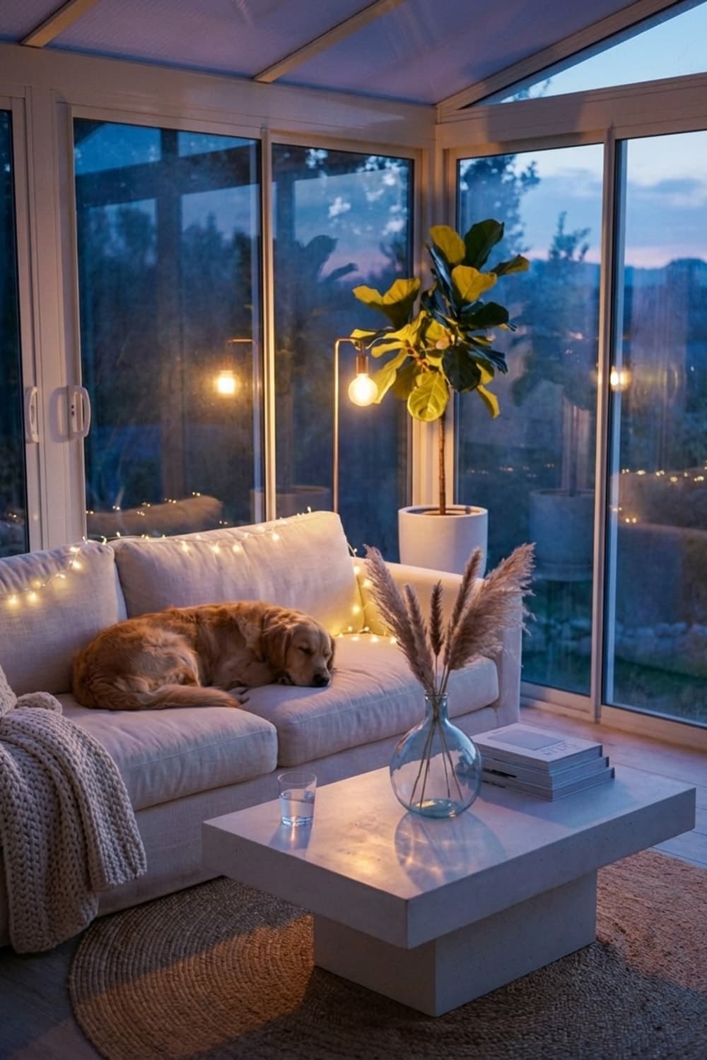 Waiting for Evening, Watching the Fog - sunroom, natural light, linen sofa, concrete coffee table, dog - Night Ambiance