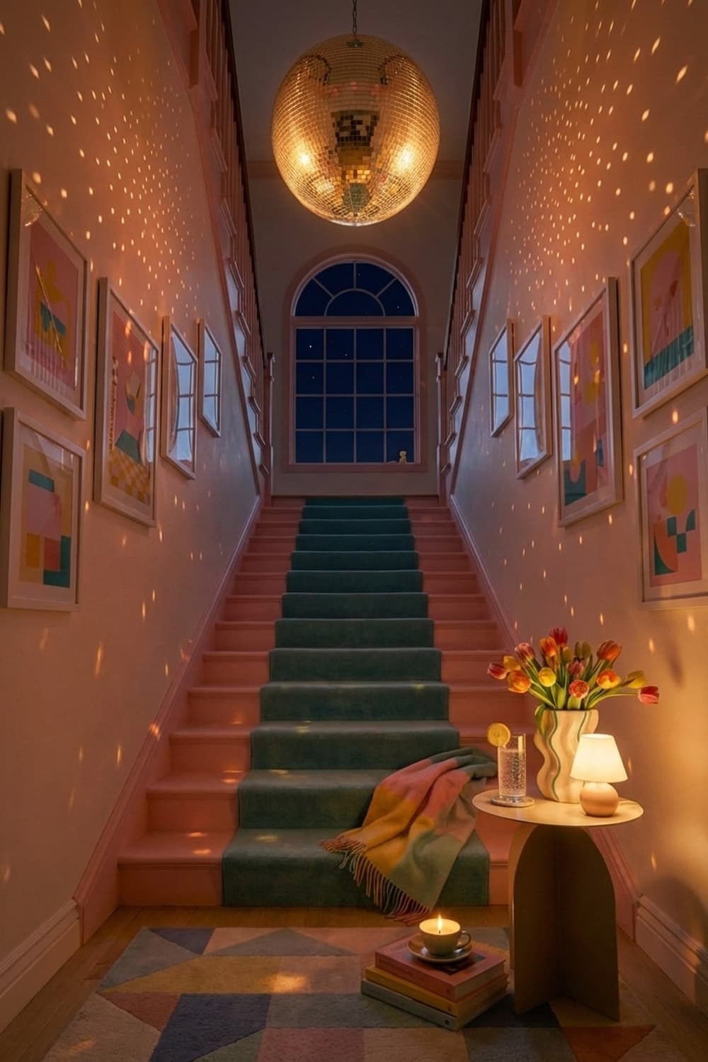Stairwell to Light's Ascent - stairwell, entryway, pink, teal, geometric rug - Night Ambiance