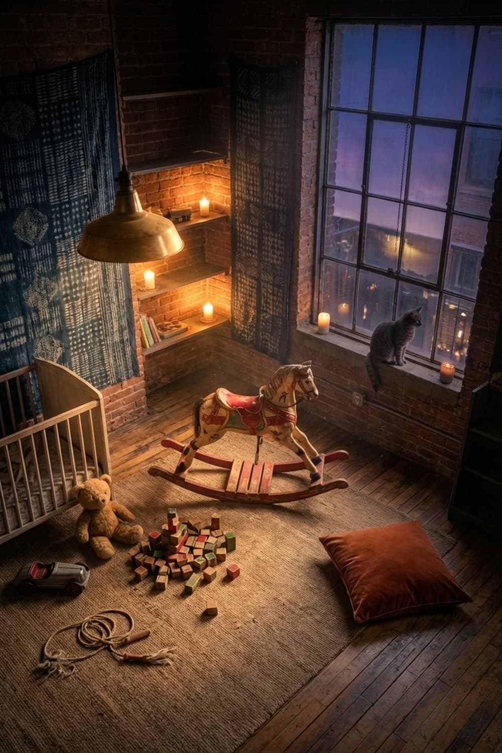 Silent Witness in Amber Light - children's room, playroom, amber light, brick wall, wooden floor - Night Ambiance