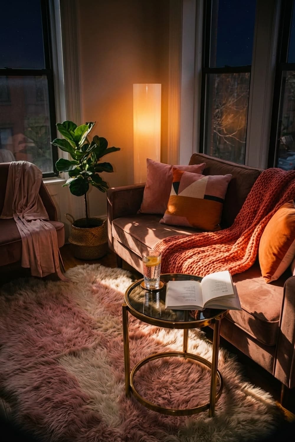 Golden Hour Therapy. - living room, pink, gold, velvet, round coffee table - Night Ambiance