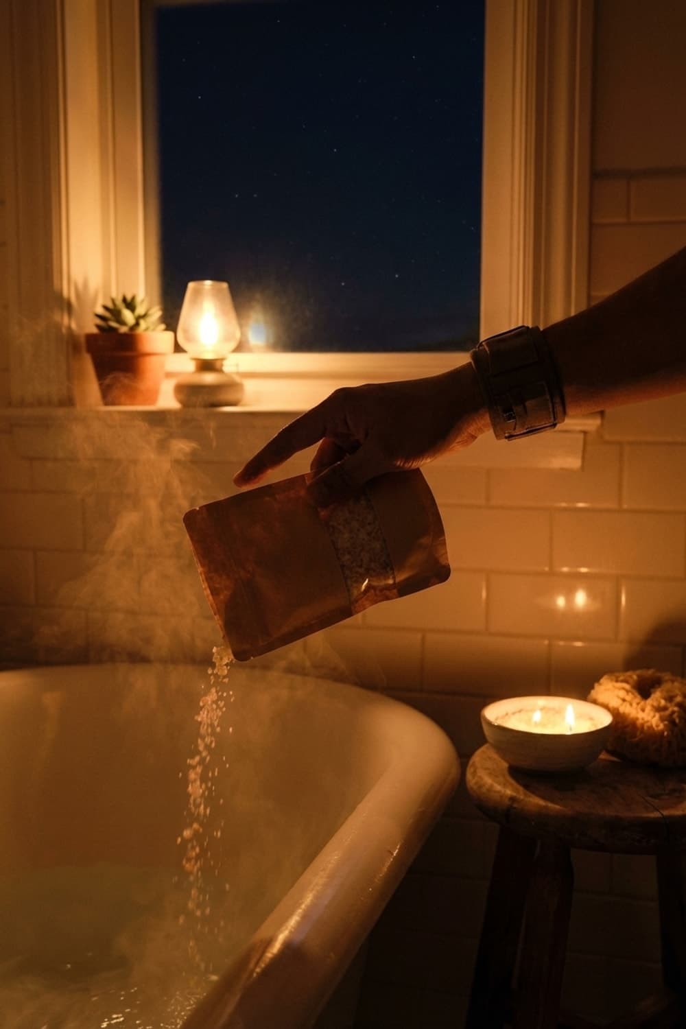 Sifting Softness, Steaming Stillness - bathroom, bath salts, natural light, cream, white - Night Ambiance