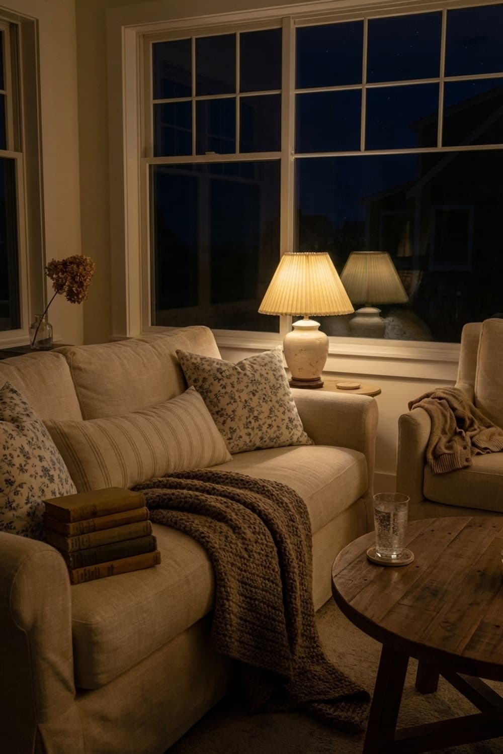 Twilight Settles on Quiet Shores - living room, coastal, beige, cream, brown - Night Ambiance