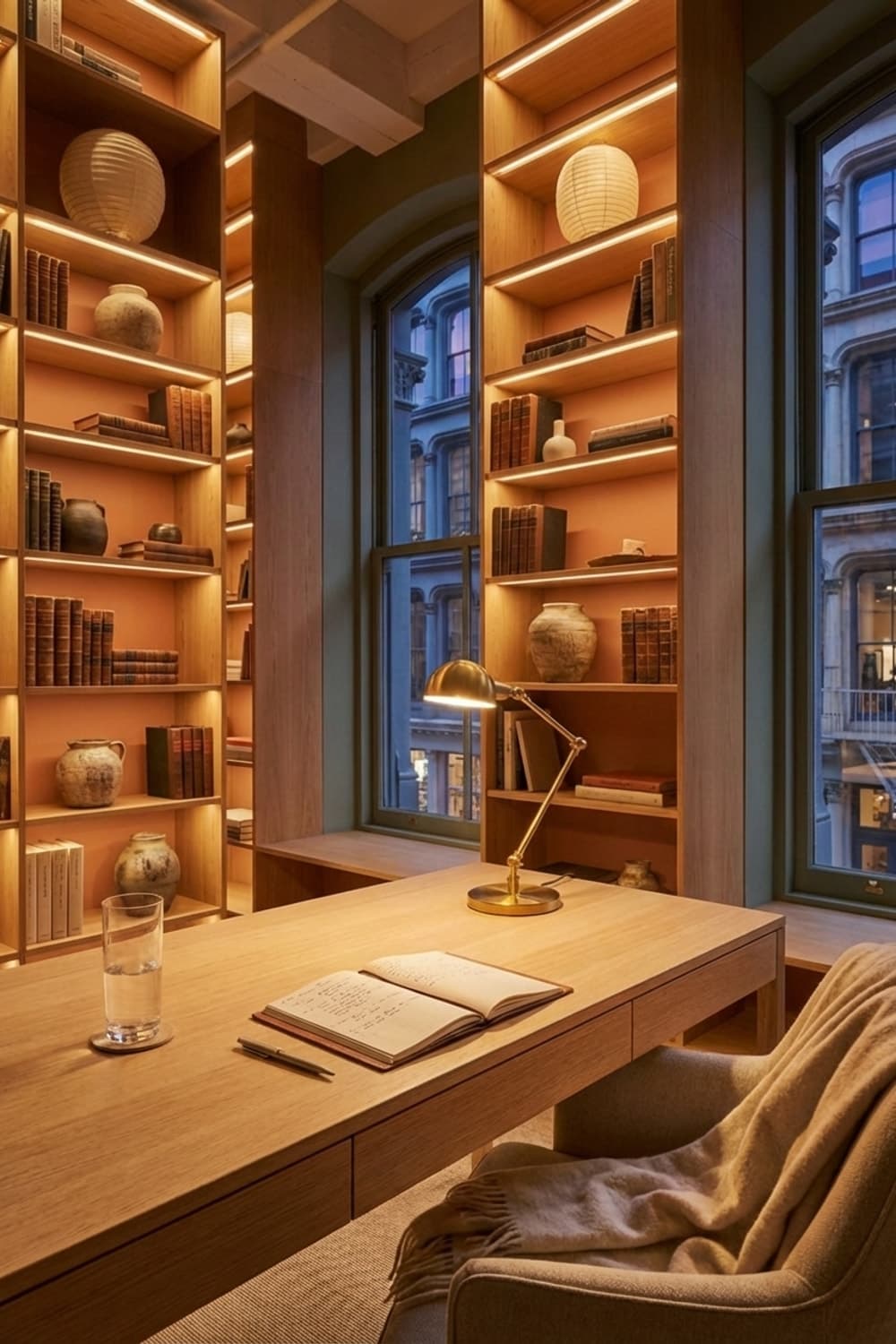 Between Words and Light - home office, desk, bookshelves, natural light, wood tones - Night Ambiance