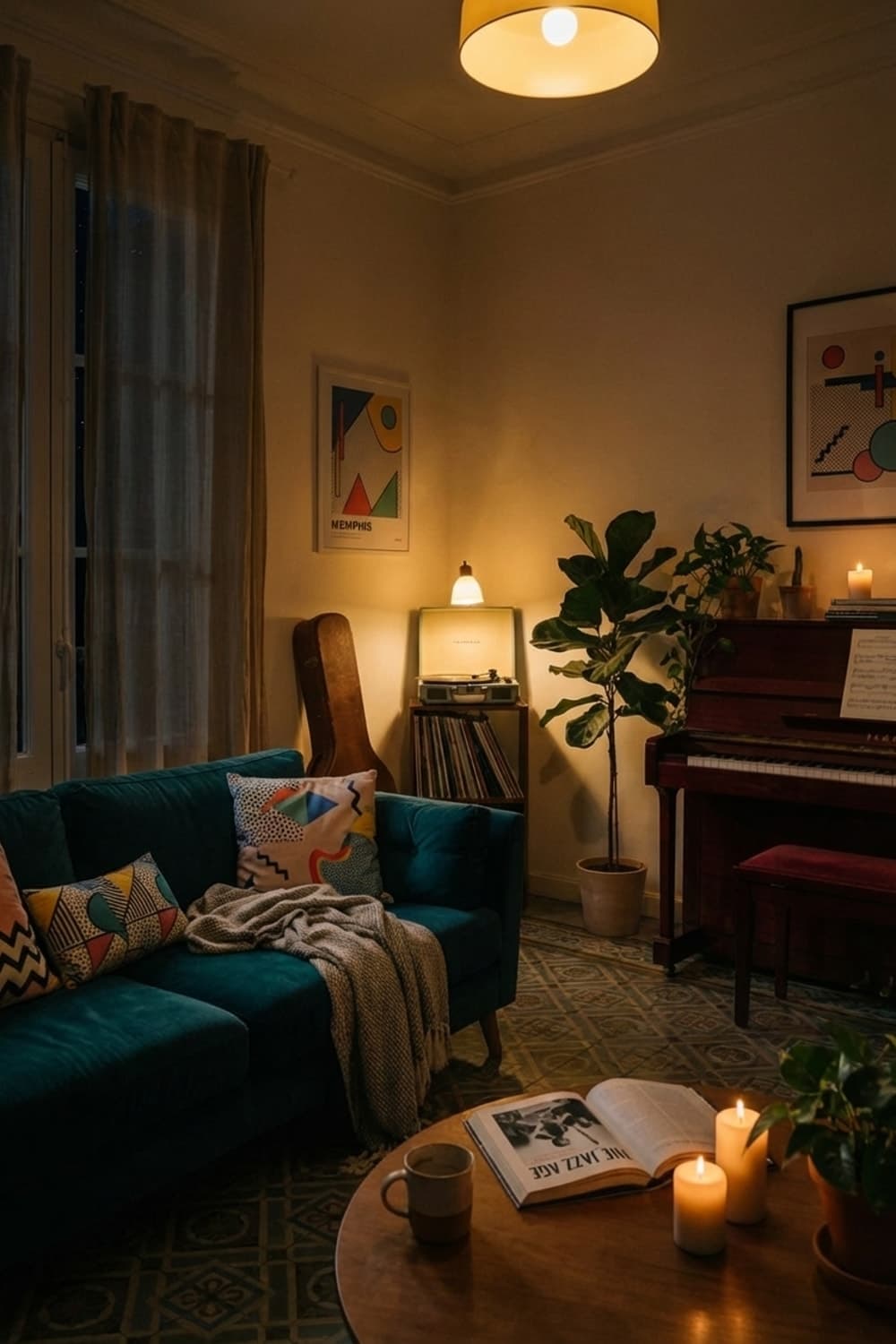 The Unfinished Symphony in Red - living room, red piano, teal sofa, geometric patterns, morning light - Night Ambiance