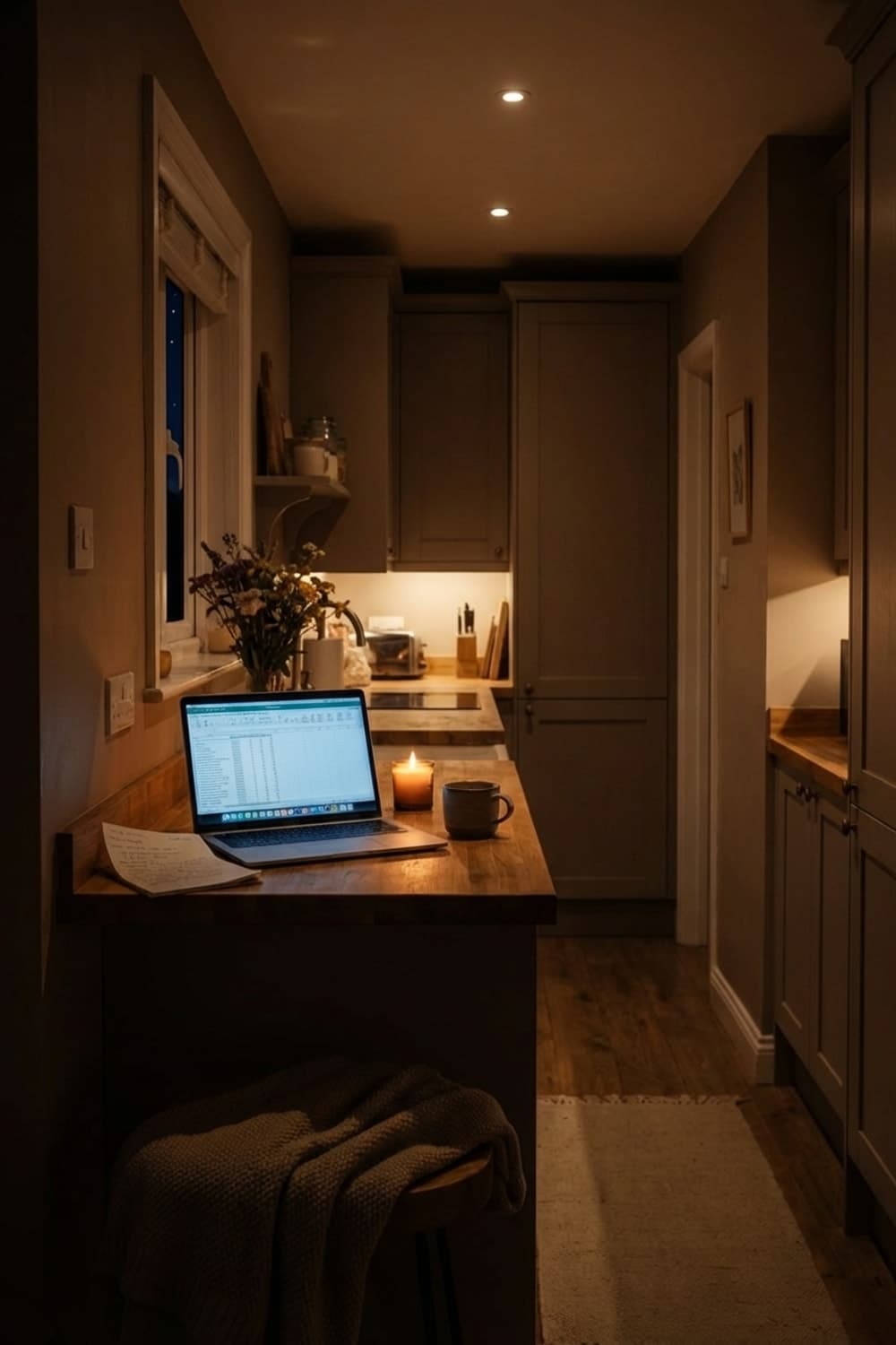 Every Window a Chance of Rain - kitchen, neutral color palette, wood countertop, breakfast nook, laptop - Night Ambiance