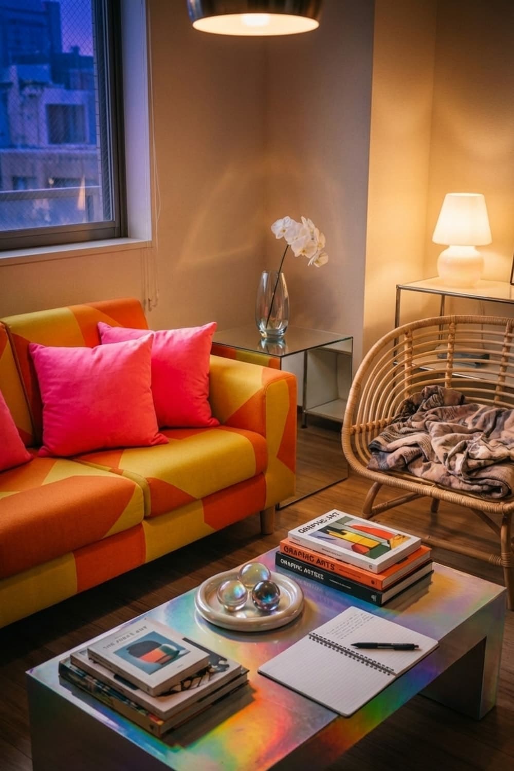 Bright Notes on a Cloudy Day - living room, orange, yellow, pink, modern - Night Ambiance