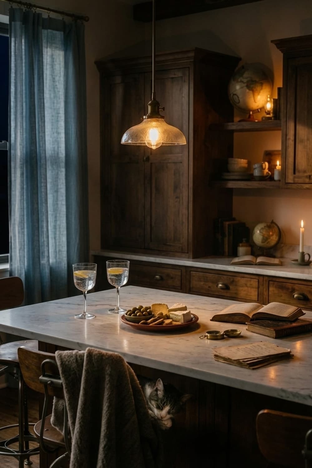 Globes, Olives, and Afternoon Light - kitchen, marble countertop, wood cabinetry, globe, olives - Night Ambiance