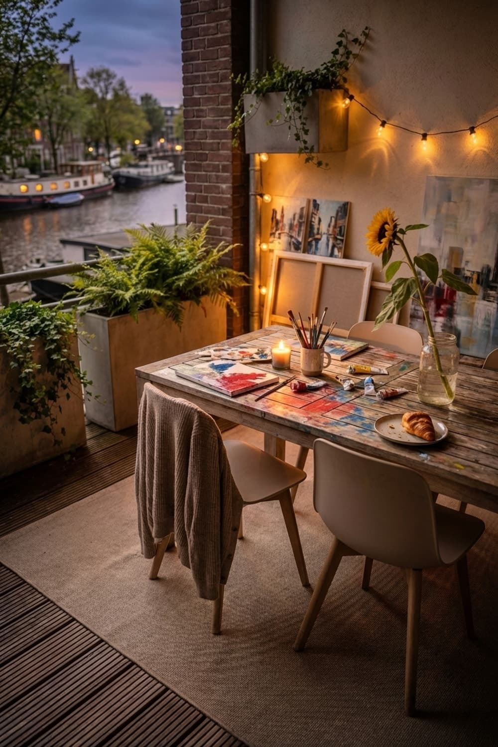 Sunflowers and Strokes of Inspiration - balcony, outdoor art studio, terrace, wood, brown - Night Ambiance