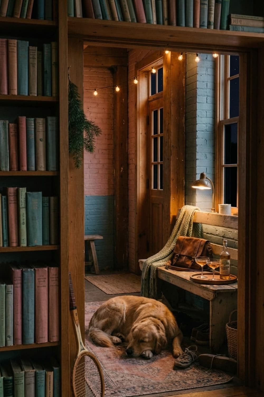 He Awaits the Next Game - entryway, pink, blue, natural wood, bookshelves - Night Ambiance