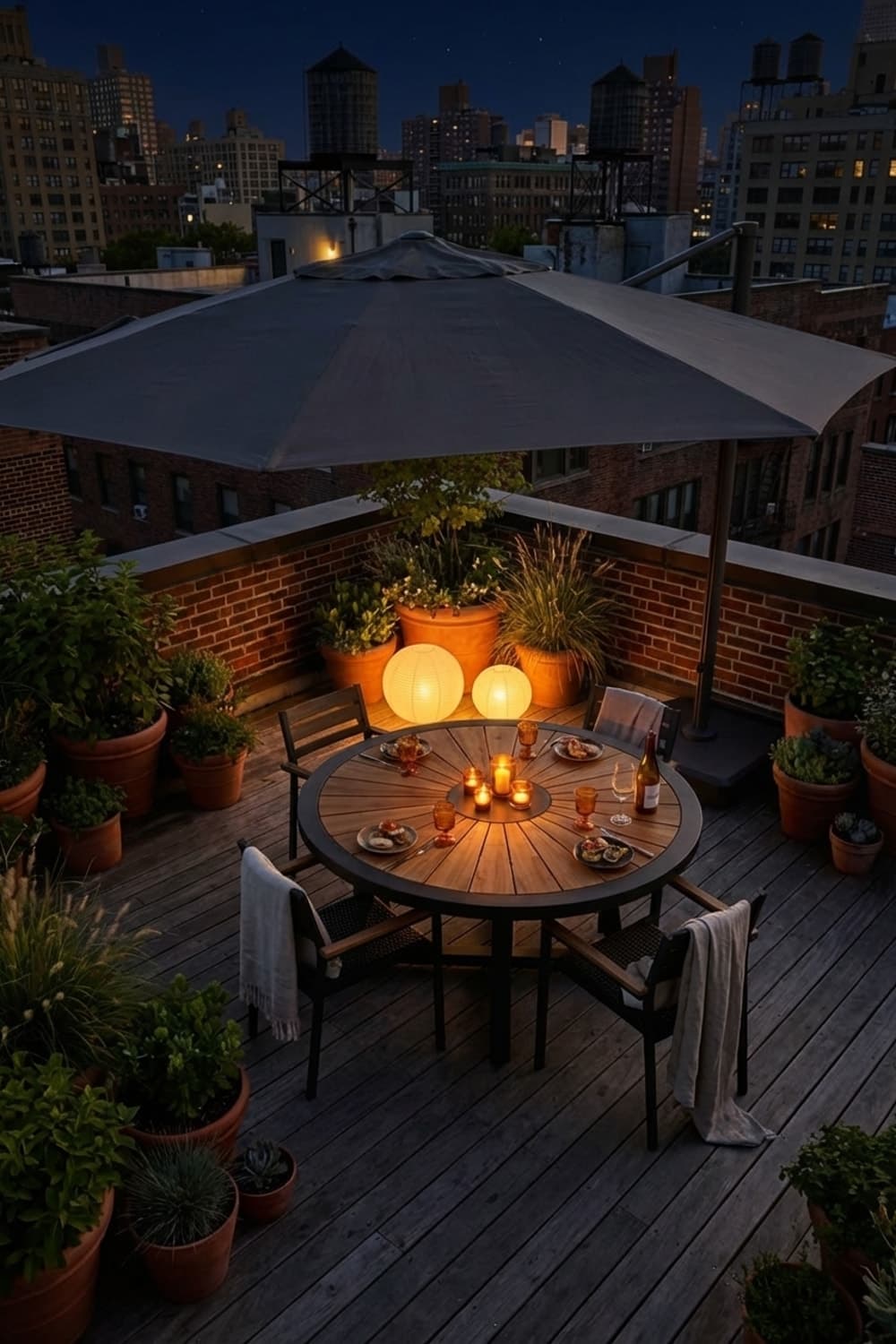 City Light, Rooftop Glow. - outdoor dining, rooftop garden, brown, black, terracotta - Night Ambiance