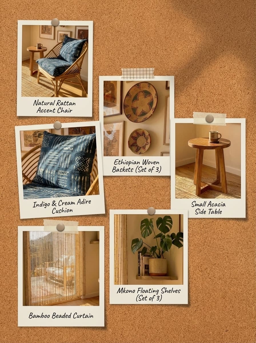 Sunrise and the Slow Sip - reading nook, sitting area, woven rug, rattan chair, indigo cushion - Get the Look Board