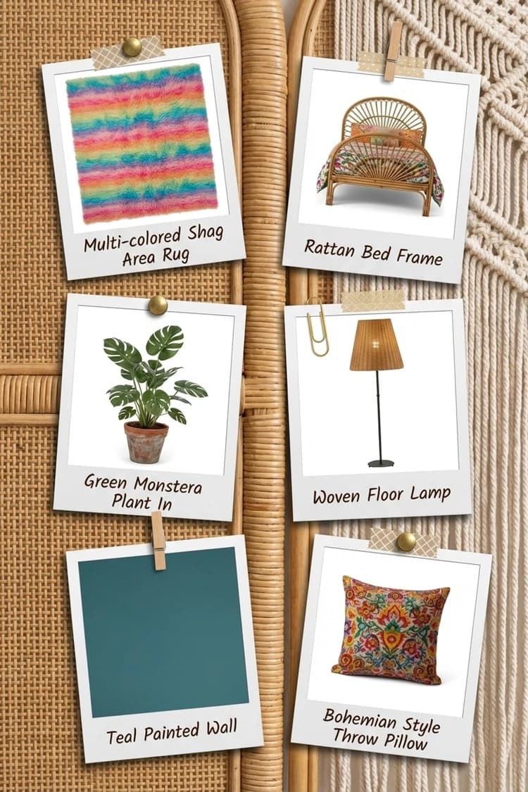 Outside/In. - bedroom, teal walls, gallery wall, bohemian, rattan bed - Get the Look Board