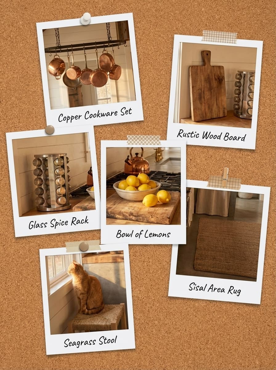 Golden Hour Stillness - kitchen, orange cat, wood beams, woven stool, natural light - Get the Look Board