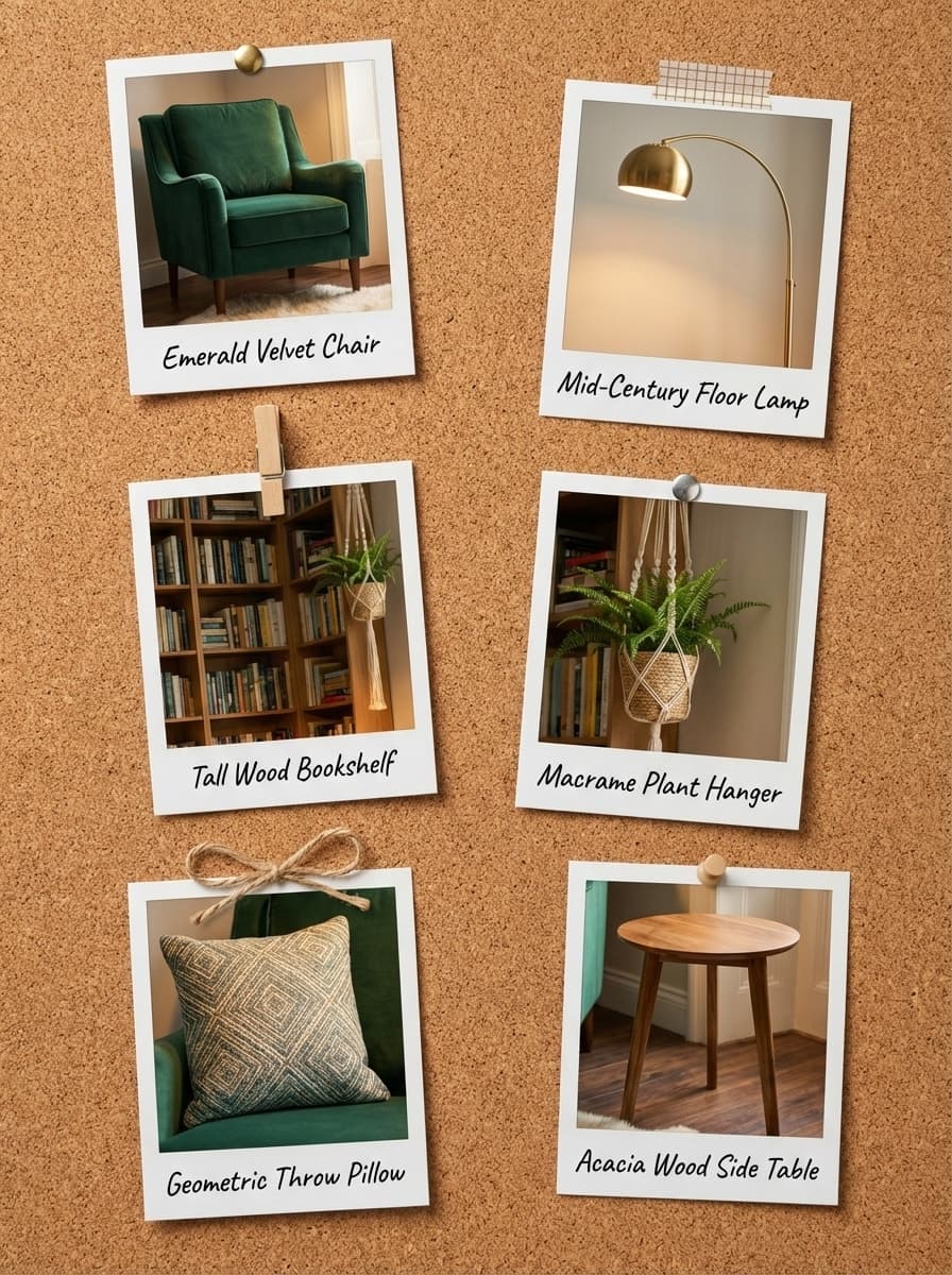 The Bookend of a Perfect Day - reading nook, green armchair, gold floor lamp, bookshelf, round side table - Get the Look Board