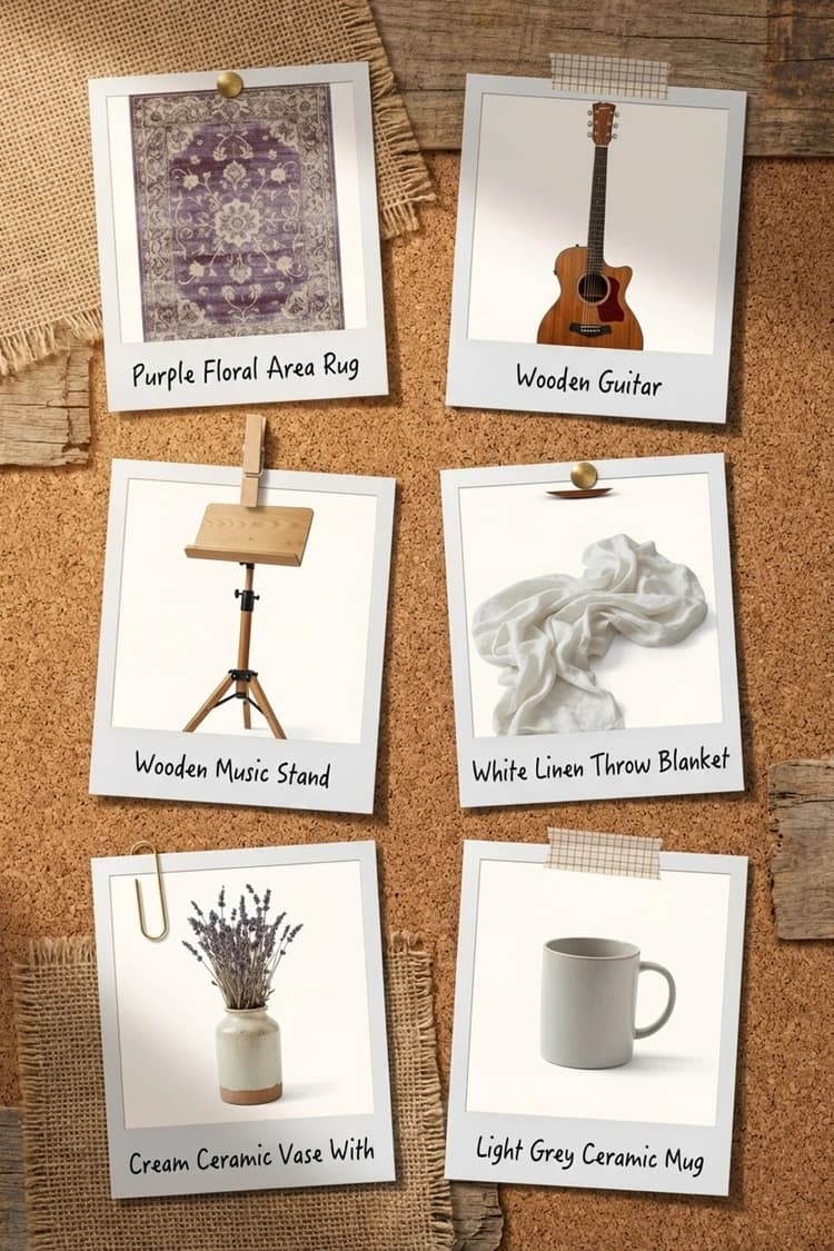 First Light. Last Chord. - living room, purple rug, acoustic guitar, wooden bench, morning light - Get the Look Board