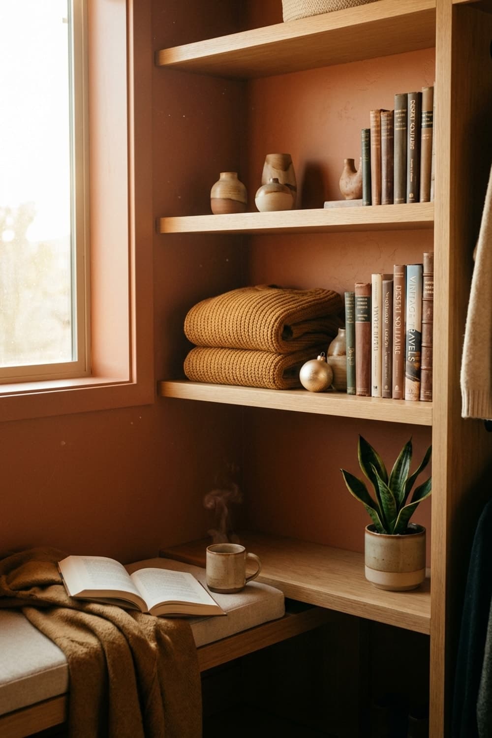 Golden Stillness in a Copper Nook - reading nook, terracotta, oak shelving, books, ceramic vases - Room Inspiration