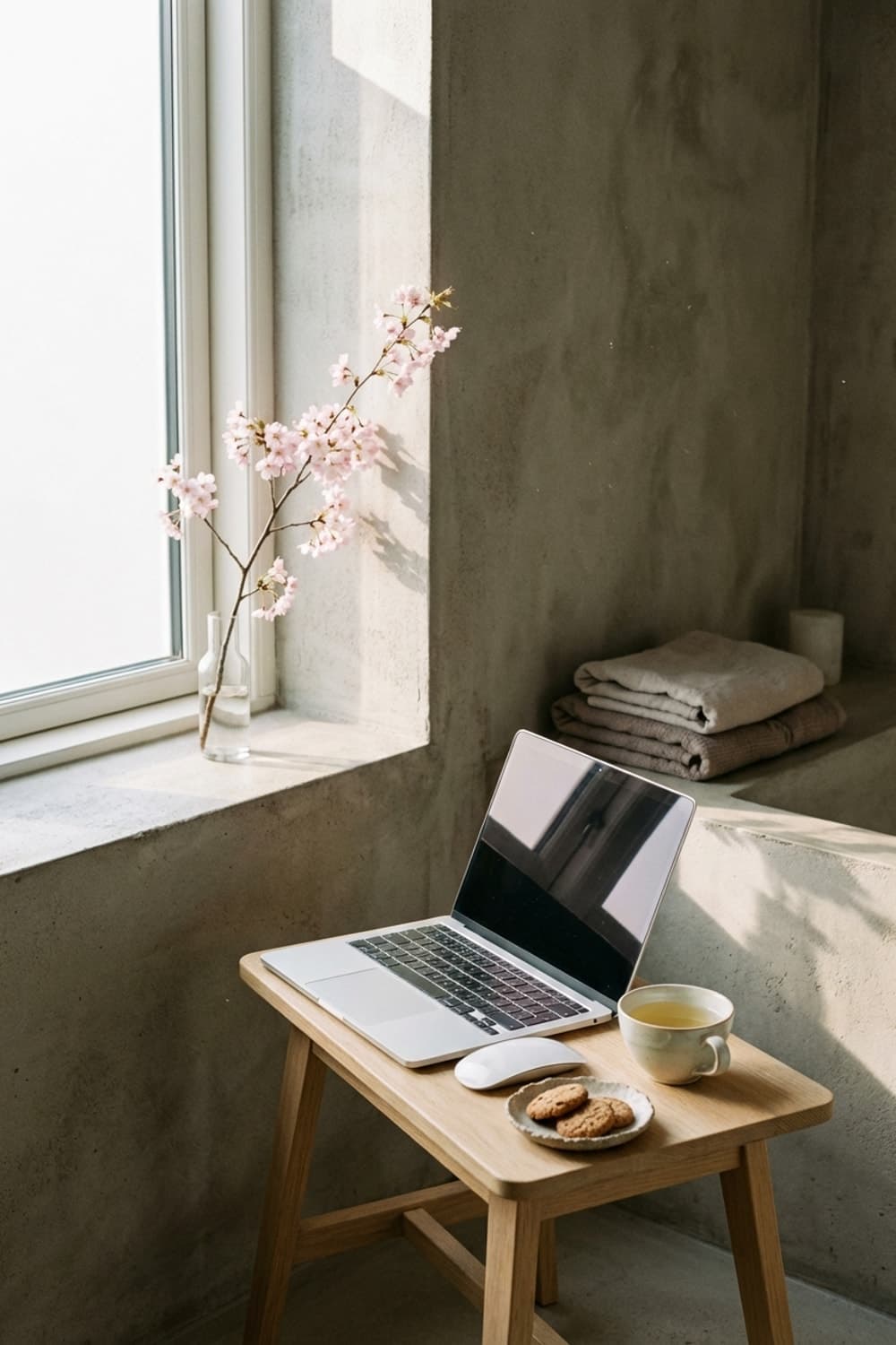 The Algorithm Wasn't Working Today - desk space, neutral colors, wooden stool, laptop, minimalist - Room Inspiration