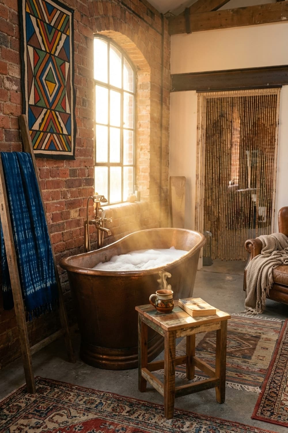 Sun-Soaked Serenity and Lingering Steam - bathroom, copper tub, wooden stool, brick wall, large window - Room Inspiration