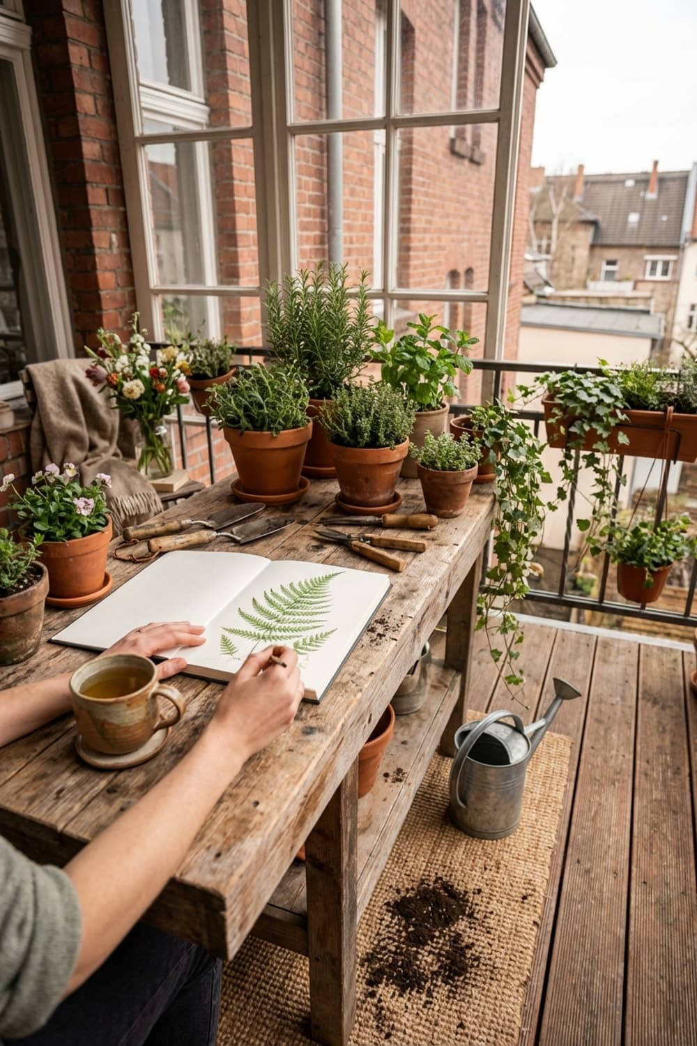 Herbarium Dreams on a Balcony - balcony, wooden table, fern, sketchbook, terracotta pots - Room Inspiration