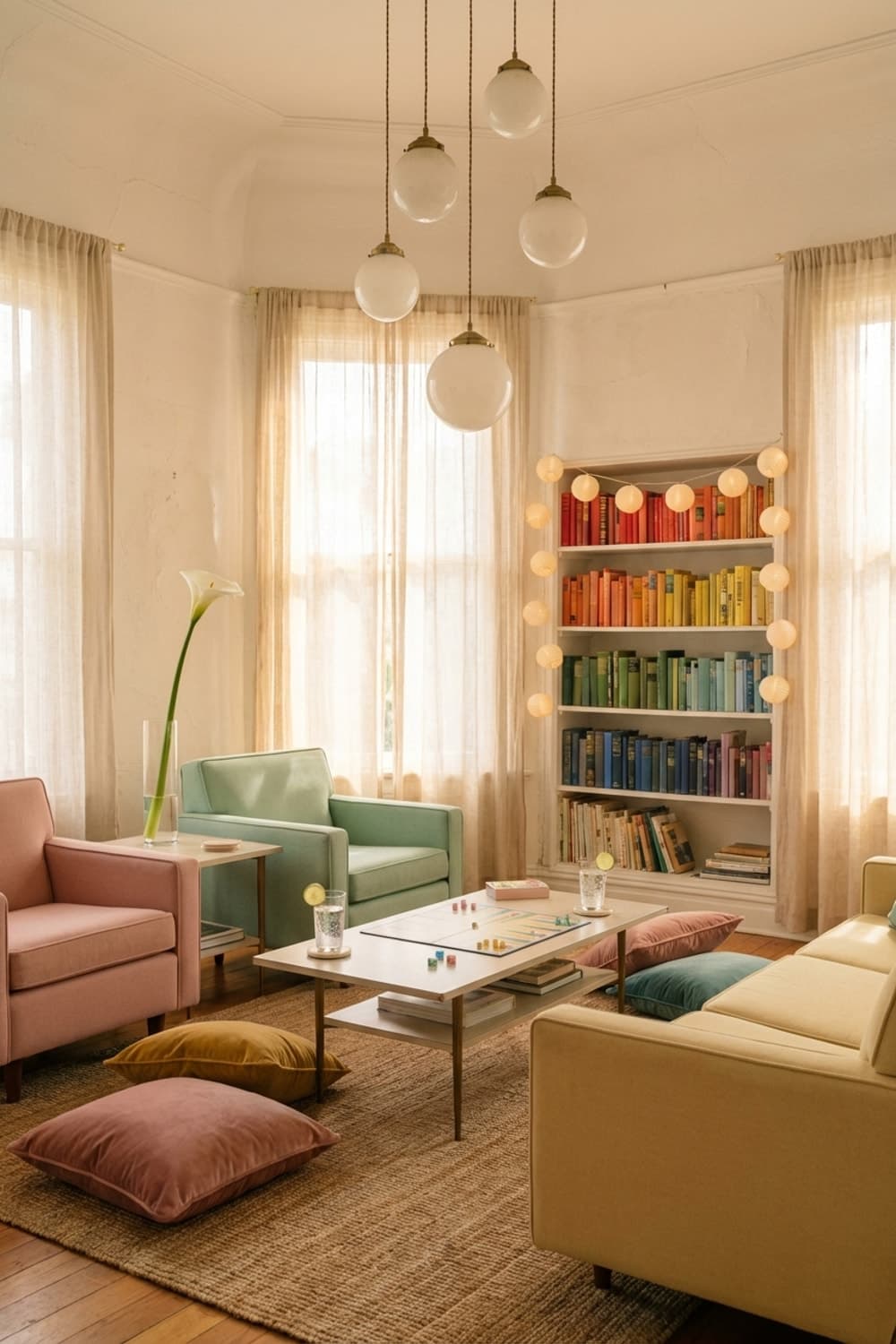 End of Summer, Beginning of Games - living room, late afternoon light, vintage vibe, board game, gold sofa - Room Inspiration