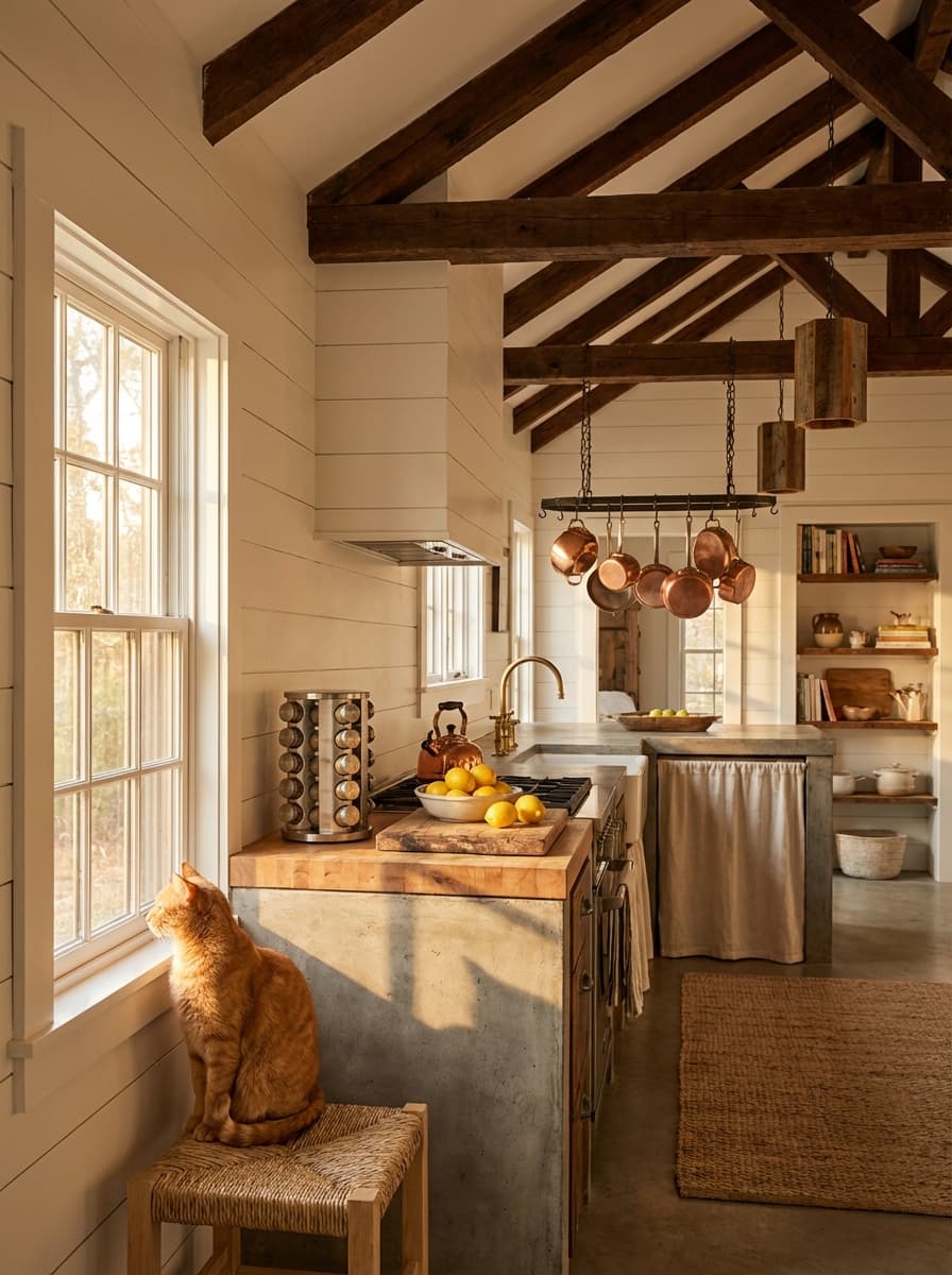 Golden Hour Stillness - kitchen, orange cat, wood beams, woven stool, natural light - Room Inspiration