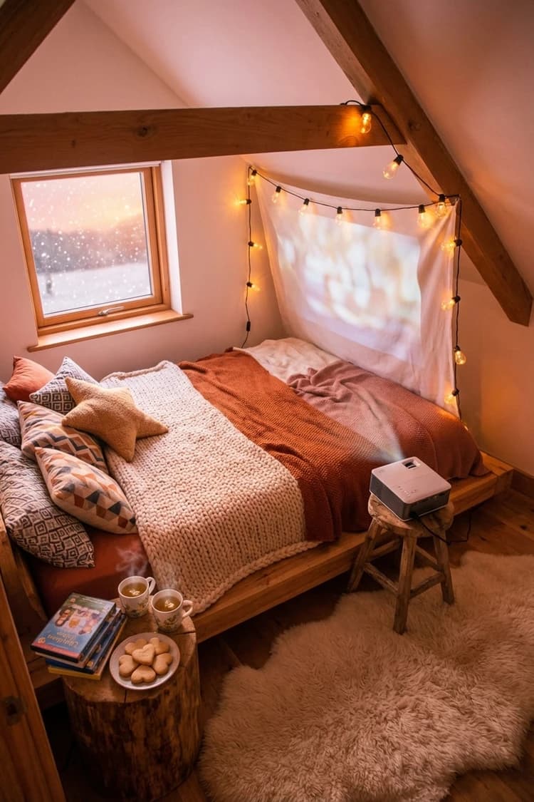 Lights Down. Curtains Up. - attic bedroom, cozy, string lights, projector, neutral tones - Room Inspiration