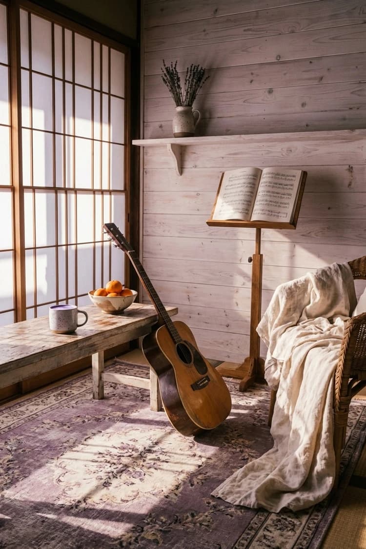 First Light. Last Chord. - living room, purple rug, acoustic guitar, wooden bench, morning light - Room Inspiration