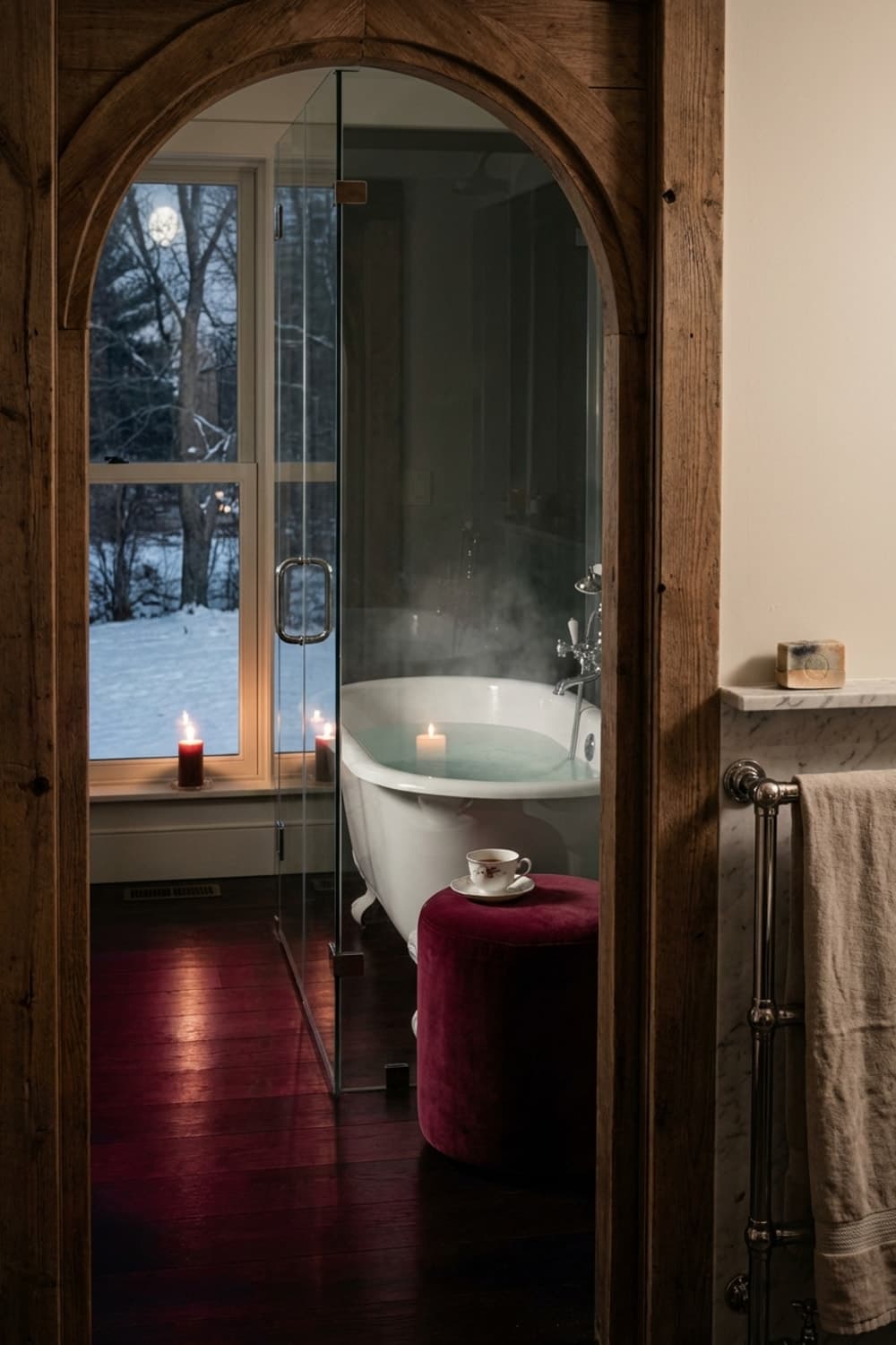 Steam, Candle, Still - bathroom, dark wood, white bathtub, candles, moonlight - Room Inspiration