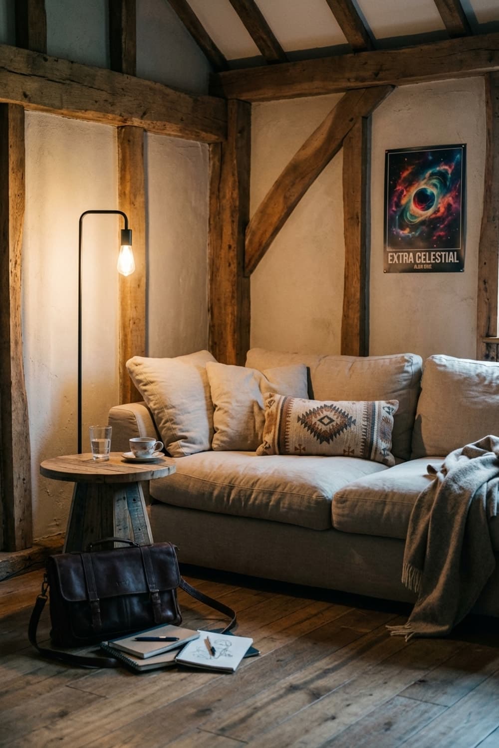 The Blueprint and the Black Hole - living room, brown, beige, wood, sofa - Room Inspiration