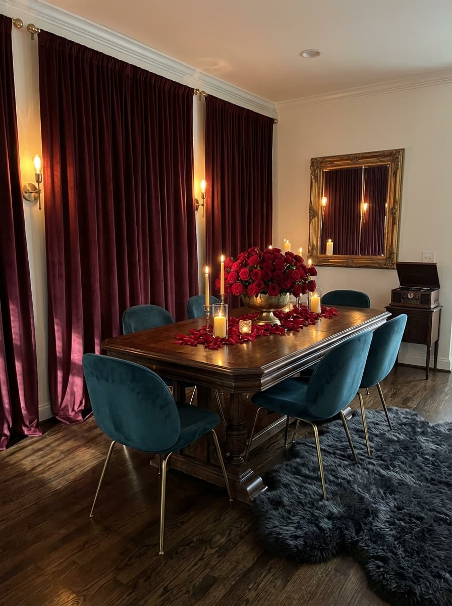 Crimson Echoes, Rose-Tinted Dusk - dining room, burgundy, teal, gold, wooden table - Room Inspiration