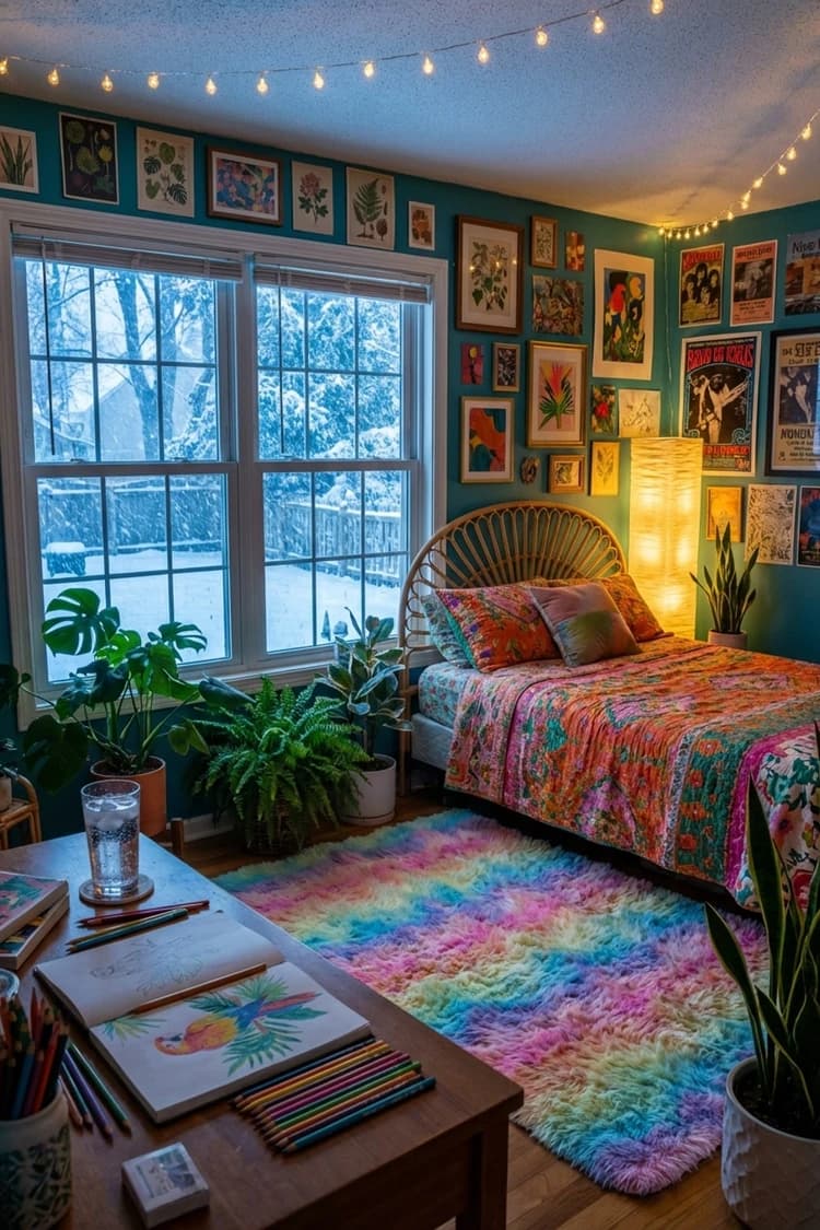 Outside/In. - bedroom, teal walls, gallery wall, bohemian, rattan bed - Room Inspiration