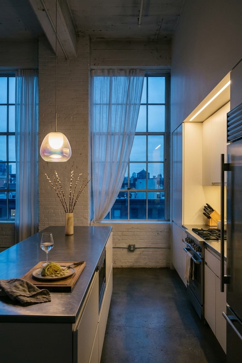 Twilight Pasta. - kitchen, grey, white, steel countertop, brick wall - Room Inspiration