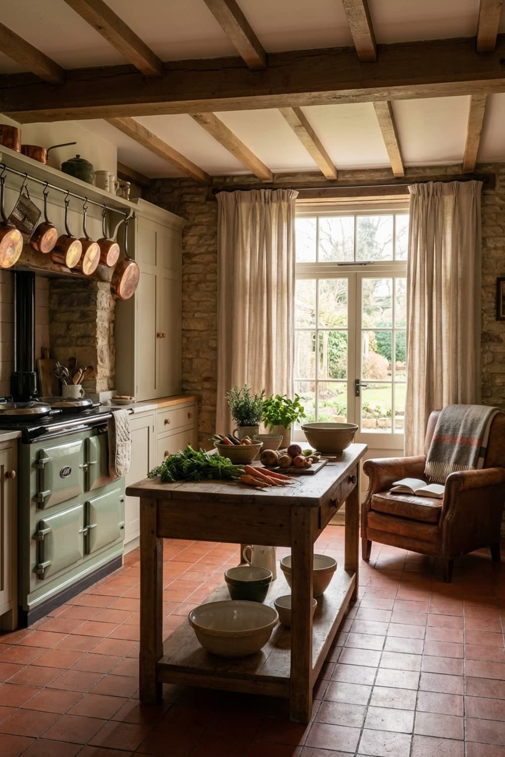 Need a Reason to Stay In? - kitchen, earthy tones, terracotta, wood island, linen curtains - Room Inspiration