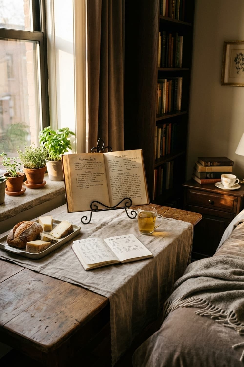 Bread. Book. Quiet Window. - bedroom, brown, beige, wood table, cookbook - Room Inspiration