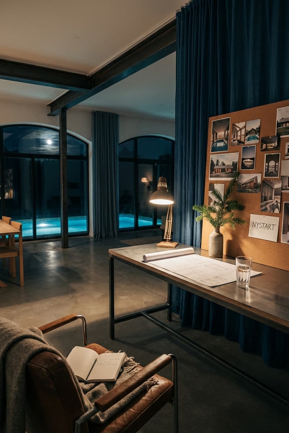 Blueprints Under a Cold Moon - home office, blue, gray, brown leather chair, architect's desk - Room Inspiration