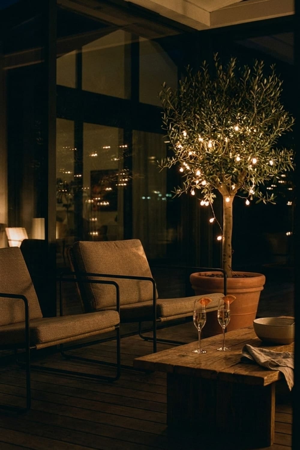 Citrus Whispers, Summer Remains - patio, sunroom, terrace, taupe, olive tree - Night Ambiance