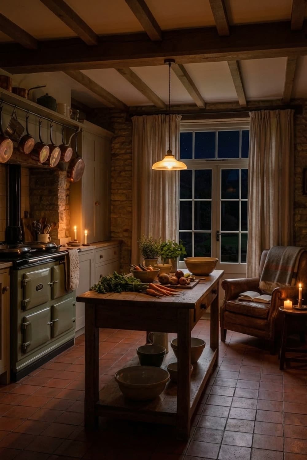 Need a Reason to Stay In? - kitchen, earthy tones, terracotta, wood island, linen curtains - Night Ambiance