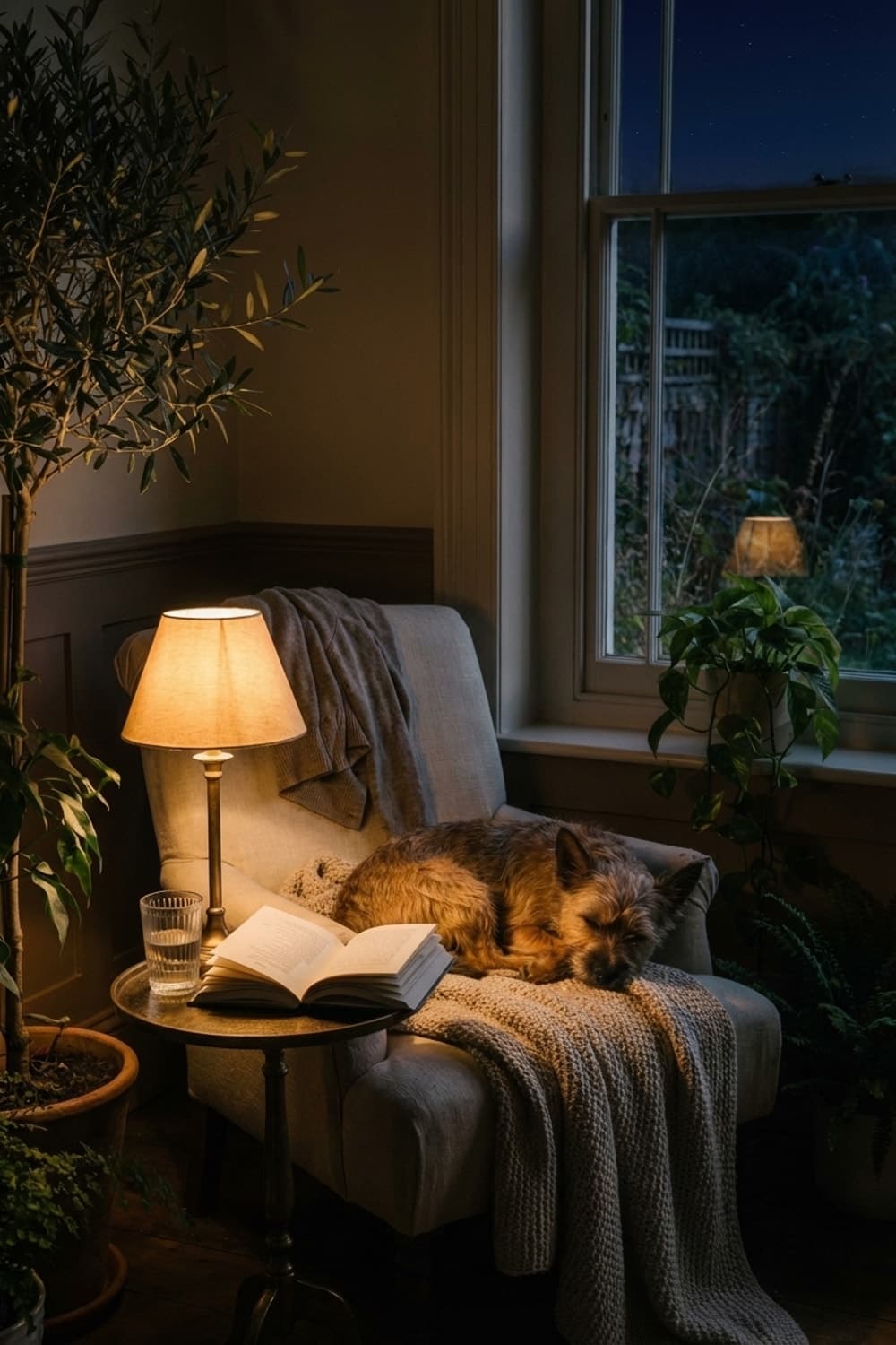 Sunbeam Seeker, Page Turner - living room, dog, armchair, linen, throw blanket - Night Ambiance